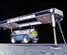 Un rover lunare caricato da una nave cargo. Elaborazione artistica. (NASA)