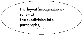 Oval: the layout(impaginazione-schema)
the subdivision into paragraphs, 
the use of indicators-1,2,3..
appropriate and precise
language
grammatically correct presentation
