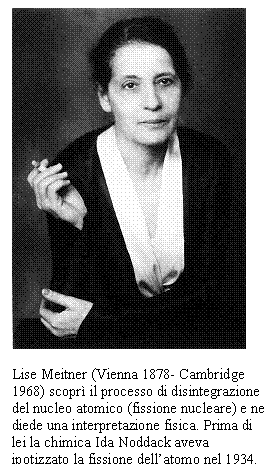 Text Box:  

Lise Meitner (Vienna 1878- Cambridge 1968) scopr il processo di disintegrazione del nucleo atomico (fissione nucleare) e ne diede una interpretazione fisica. Prima di lei la chimica Ida Noddack aveva ipotizzato la fissione dell'atomo nel 1934.
