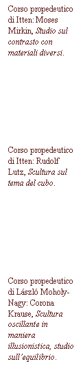 Text Box: Corso propedeutico di Itten: Moses Mirkin, Studio sul contrasto con materiali diversi.








Corso propedeutico di Itten: Rudolf Lutz, Scultura sul tema del cubo.








Corso propedeutico di Lszl Moholy-Nagy: Corona Krause, Scultura oscillante in maniera illusionistica, studio sull'equilibrio.

