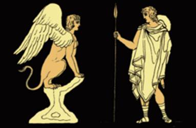 Odipus e la Sfinge, da un'illustrazione del 1879 da Stories from the Greek Tragedians di Alfred Church 