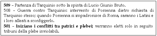 Text Box: 509 - Partenza di Tarquinio sotto la spinta di Lucio Giunio Bruto.
508 - Guerra contro Tarquinio: intervento di Porsenna dietro richiesta di Tarquinio stesso; quando Porsenna si impadronisce di Roma, saranno i Latini e i loro alleati a sconfiggerlo.
501 - Iniziano i conflitti tra patrizi e plebei; verranno eletti solo in seguito tribuni della plebe inviolabili.
