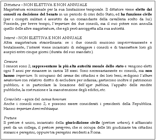 Text Box: Dittatura - NON ELETTIVA E NON ANNUALE
Magistratura eccezionale per la sua limitazione temporale. Il dittatore viene eletto dai consoli su decisione del Senato in un periodo di crisi dello Stato, ed ha funzione civile (per i compiti militari  assistito da un comandante della cavalleria scelto da lui). Possiede, per breve tempo, l'imperium dei due consoli, ma il suo potere non annulla quello delle altre magistrature, che egli per assoggetta alla sua autorit. 

Interr - NON ELETTIVA E NON ANNUALE
Altra magistratura straordinaria: se i due consoli muoiono improvvisamente e brutalmente, l'interr viene incaricato di rieleggere i consoli e di trasmettere loro gli auspici entro cinque giorni (durata del suo mandato).

Censura
I censori sono 2, rappresentano la pi alta autorit morale dello stato e vengono eletti ogni 5 anni per rimanere in carica 18 mesi. Sono necessariamente ex consoli, ma non hanno imperium. Si occupano del census dei cittadini e dei loro beni; redigono l'album senatorium con relativo diritto di escludere per infamia; gestiscono inoltre il patrimonio pubblico, e in particolare la locazione dell'ager publicus, l'appalto delle rendite pubbliche, la costruzione e la manutenzione degli edifici, etc.

Consolato - apice del cursus honorum
Anche i consoli sono 2, e possono essere considerati i presidenti della Repubblica. Hanno imperium domi militiaeque.

Pretura
Il pretore  unico, incaricato della giurisdizione civile (pretore urbano);  affiancato per da un collega, il pretore peregrino, che si occupa delle liti giudiziarie tra cittadini romani e peregrini, oppure tra peregrini residenti a Roma.
