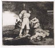In primo piano c' un uomo bendato e legato a un palo. Ai suoi piedi uomini morti. A destra le canne di fucili mirate su di lui. Sullo sfondo altri uomini legati a pali e soldati nell'atto di fucilarli.