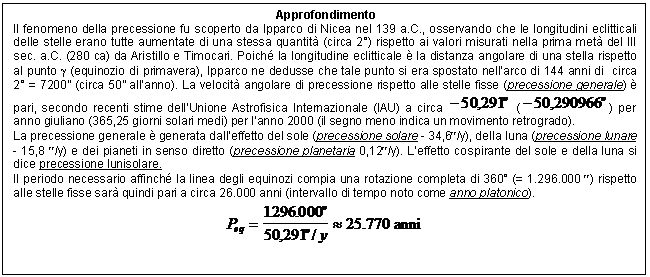 Text Box: Approfondimento
Il fenomeno della precessione fu scoperto da Ipparco di Nicea nel 139 a.C., osservando che le longitudini eclitticali delle stelle erano tutte aumentate di una stessa quantit (circa 2) rispetto ai valori misurati nella prima met del III sec. a.C. (280 ca) da Aristillo e Timocari. Poich la longitudine eclitticale  la distanza angolare di una stella rispetto al punto g (equinozio di primavera), Ipparco ne dedusse che tale punto si era spostato nell'arco di 144 anni di circa 2 = 7200