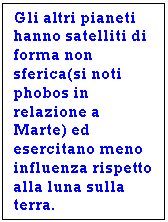 Text Box: Gli altri pianeti hanno satelliti di forma non sferica(si noti phobos in relazione a Marte) ed esercitano meno influenza rispetto alla luna sulla terra.