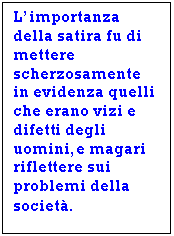 Text Box: L'importanza della satira fu di mettere scherzosamente in evidenza quelli che erano vizi e difetti degli uomini,e magari riflettere sui problemi della societ.