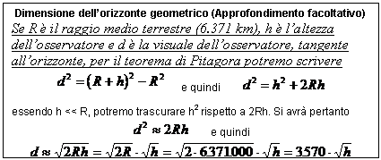 Text Box: Dimensione dell'orizzonte geometrico (Approfondimento facoltativo)
Se R  il raggio medio terrestre (6.371 km), h  l'altezza dell'osservatore e d  la visuale dell'osservatore, tangente all'orizzonte, per il teorema di Pitagora potremo scrivere
 e quindi 

essendo h << R, potremo trascurare h2 rispetto a 2Rh. Si avr pertanto
 e quindi 
 

