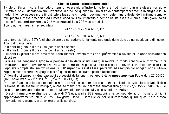 Text Box: Ciclo di Saros e mese anomalistico
Il ciclo di Saros misura il periodo di tempo necessario affinch luna, terra e nodi ritornino in una stessa posizione rispetto al sole. Ricordando che un'eclisse si produce quando la luna si trova contemporaneamente in sizigie e in un nodo, il tempo necessario affinch tale situazione si ripeta nuovamente si determina calcolando il minimo comune multiplo tra il mese draconico ed il mese sinodico. Tale intervallo di tempo risulta essere di circa 6585 giorni solari medi e 8 ore, corrispondente a 242 mesi draconici e a 223 mesi sinodici.
Il ciclo non  in realt preciso, infatti
242 * 27,212221 = 6585,357

223 * 29,530589 = 6585,321
La differenza (circa 52m) fa si che alcune eclissi vadano lentamente sparendo dal ciclo e se ne inseriscano di nuove.
Il ciclo di Saros dura 
- 18 anni 10 giorni e 8 ore circa (con 5 anni bisestili)
- 18 anni 11 giorni e 8 ore circa (con 4 anni bisestili)
- 18 anni 12 giorni e 8 ore circa (con 3 anni bisestili, evento raro che si pu verifica a cavallo di un anno secolare non bisestile) . 
La linea che congiunge apogeo e perigeo (linea degli apsidi lunari) si muove in modo concorde al movimento di rivoluzione lunare, compiendo una rotazione completa rispetto alle stelle fisse in 8,85 anni. In altre parole la luna dopo aver completato una rivoluzione di 360 rispetto alle stelle fisse, partendo ad esempio dall'apogeo, non si ritrova dopo un mese sidereo in apogeo poich quest'ultimo nel frattempo si  allontanato.
L'intervallo di tempo tra due passaggi successivi della luna in perigeo  detto mese anomalistico e dura 27,554551 giorni solari medi = 27d 13h 18m 33,2s = 2.380.713,2 s)
Dopo un Saros le eclissi si presentano non solo nello stesso ordine, ma anche con lo stesso aspetto in quanto il ciclo di Saros risulta essere un multiplo, anche se meno preciso, del mese anomalistico (239 x 27,55455 = 6585,537). Le eclissi si presentano pertanto approssimativamente con la luna alla stessa distanza dalla terra.
I Greci chiamarono exeligmos un ciclo di 3 Saros, pari a 669 lunazioni, che corrisponde ad un numero di giorni approssimativamente intero (19.755,964 gsm). Dopo 3 Saros le eclissi si ripresentano quindi quasi nello stesso momento della giornata (con un'ora di anticipo circa)

