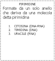 Text Box: PIRIMIDINE
Formate da un solo anello che deriva da una molecola detta pirimidina

1.	CITOSINA (DNA-RNA)
2.	TIMIDINA (DNA)
3.	URACILE (RNA)
