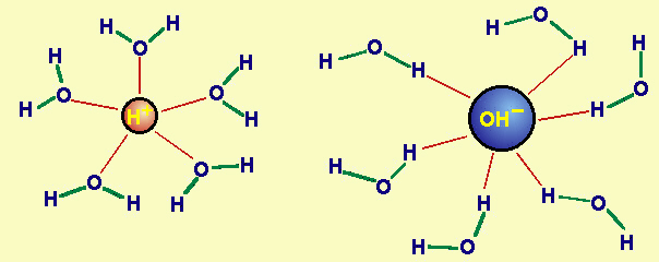 la solvatazione di protoni e ossidrili