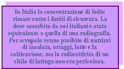 Text Box: In Italia la concentrazione di Iodio rimase entro i limiti di sicurezza. La dose assorbita da noi italiani  stata equivalente a quella di una radiografia.
Per scrupolo venne proibito di nutrirsi di insalata, ortaggi, latte e la coltivazione, ma la radioattivit di un chilo di lattuga non era pericolosa.
