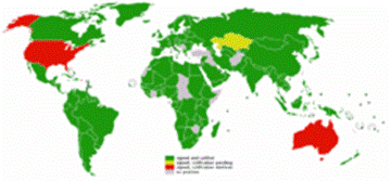 Adesione al Protocollo di Kyoto nel 2005. In verde gli stati che hanno firmato e ratificato il trattato, in giallo gli stati che lo hanno firmato ma non ancora ratificato. Australia e Stati Uniti hanno firmato ma hanno poi rifiutato di ratificare il trattato.