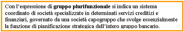 Text Box: Con l’espressione di gruppo plurifunzionale si indica un sistema coordinato di societ specializzate in determinati servizi creditizi e finanziari, governato da una societ capogruppo che svolge essenzialmente la funzione di pianificazione strategica dell’intero gruppo bancario.



