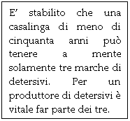 Text Box: E' stabilito che una casalinga di meno di cinquanta anni pu tenere a mente solamente tre marche di detersivi. Per un produttore di detersivi  vitale far parte dei tre.