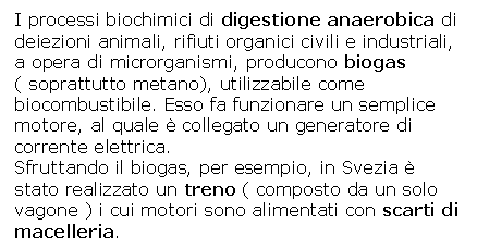 Text Box: I processi biochimici di digestione anaerobica di deiezioni animali, rifiuti organici civili e industriali, a opera di microrganismi, producono biogas 
( soprattutto metano), utilizzabile come biocombustibile. Esso fa funzionare un semplice motore, al quale  collegato un generatore di corrente elettrica.
Sfruttando il biogas, per esempio, in Svezia  stato realizzato un treno ( composto da un solo vagone ) i cui motori sono alimentati con scarti di macelleria.

