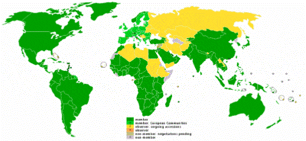 A world map of WTO participation: ██ members ██ members, dually represented with the European Communities ██ observer, ongoing accession ██ observer ██ non-member, negotiations pending ██ non-member