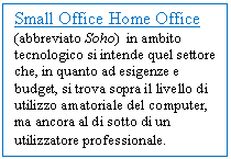 Text Box: Small Office Home Office (abbreviato Soho)  in ambito tecnologico si intende quel settore che, in quanto ad esigenze e budget, si trova sopra il livello di utilizzo amatoriale del computer, ma ancora al di sotto di un utilizzatore professionale.