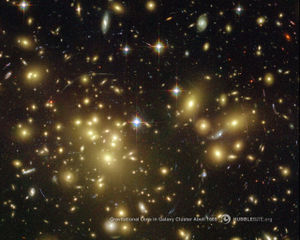 Lenti gravitazionali nell'ammasso di galassie Abell 1689; gli effetti della lente sono dei sottili archi luminosi visibili solo quando si ingrandisce questa immagine