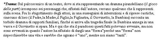 Text Box: *Trama: Sul palcoscenico di un teatro, dove si sta rappresentando un dramma pirandelliano (il gioco delle parti) irrompono sei personaggi che, rifiutati dall'autore, cercano qualcuno che li rappresenti sulla scena. Fra lo sbigottimento degli attori, in una susseguirsi di interruzioni e di riprese caotiche, ciascuno di loro (il Padre,la Madre,il Figlio,la Figliastra, il Giovinetto, la Bambina) racconta un torbido dramma di rapporti familiari, finch si arriva alla tragedia finale:la Bambina annega in una vasca e il Giovinetto si spara. Ma  qui che sta il paradosso:questi fatti potevano avvenire, ma non sono avvenuti in quanto l'autore ha rifiutato di dargli una 