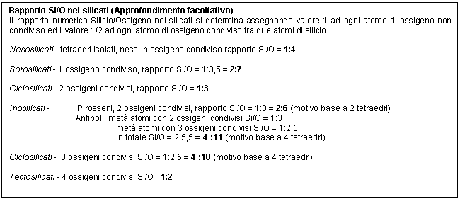 Text Box: Rapporto Si/O nei silicati (Approfondimento facoltativo)
Il rapporto numerico Silicio/Ossigeno nei silicati si determina assegnando valore 1 ad ogni atomo di ossigeno non condiviso ed il valore 1/2 ad ogni atomo di ossigeno condiviso tra due atomi di silicio.

Nesosilicati - tetraedri isolati, nessun ossigeno condiviso rapporto Si/O = 1:4.

Sorosilicati - 1 ossigeno condiviso, rapporto Si/O = 1:3,5 = 2:7

Ciclosilicati - 2 ossigeni condivisi, rapporto Si/O = 1:3

Inosilicati - Pirosseni, 2 ossigeni condivisi, rapporto Si/O = 1:3 = 2:6 (motivo base a 2 tetraedri)
Anfiboli, met atomi con 2 ossigeni condivisi Si/O = 1:3
 met atomi con 3 ossigeni condivisi Si/O = 1:2,5 
 in totale Si/O = 2:5,5 = 4 :11 (motivo base a 4 tetraedri)

Ciclosilicati - 3 ossigeni condivisi Si/O = 1:2,5 = 4 :10 (motivo base a 4 tetraedri)

Tectosilicati - 4 ossigeni condivisi Si/O =1:2

