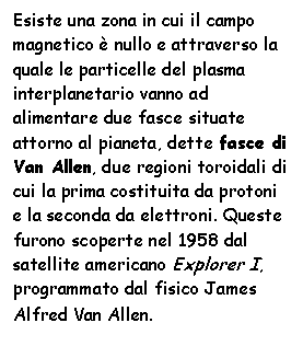 Text Box: Esiste una zona in cui il campo magnetico  nullo e attraverso la quale le particelle del plasma interplanetario vanno ad alimentare due fasce situate attorno al pianeta, dette fasce di Van Allen, due regioni toroidali di cui la prima costituita da protoni e la seconda da elettroni. Queste furono scoperte nel 1958 dal satellite americano Explorer I, programmato dal fisico James Alfred Van Allen.