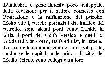 Text Box: L'industria  generalmente poco sviluppata, fatta eccezione per il settore connesso con l'estrazione e la raffinazione del petrolio. Molto attivi, perch potenziati dal traffico del petrolio, sono alcuni porti come Latakia in Siria, i porti del Golfo Persico e quelli di Gidda sul Mar Rosso, Haifa ed Elat, in Israele.
La rete delle comunicazioni  poco sviluppata, anche se le capitali e le principali citt del Medio Oriente sono collegate tra loro.
