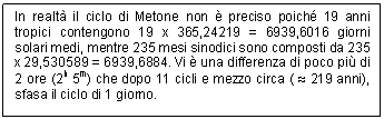 Text Box: In realt il ciclo di Metone non  preciso poich 19 anni tropici contengono 19 x 365,24219 = 6939,6016 giorni solari medi, mentre 235 mesi sinodici sono composti da 235 x 29,530589 = 6939,6884. Vi  una differenza di poco pi di 2 ore (2h 5m) che dopo 11 cicli e mezzo circa (  219 anni), sfasa il ciclo di 1 giorno.

