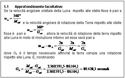 Text Box: 1.2 Approfondimento facoltativo
Se la velocit angolare orbitale della Luna rispetto alle stelle fisse  pari a e la velocit angolare di rotazione della Terra rispetto alle stelle fisse  pari a , allora la velocit di rotazione della terra rispetto alla Luna in moto di rivoluzione intorno ad essa sar pari a
 
dove GL  il tempo necessario affinch la terra compia una rotazione rispetto alla Luna. E, riordinando

 

3.028,3 secondi = 50,47 minuti pi di un giorno solare medio (86.400 s).

