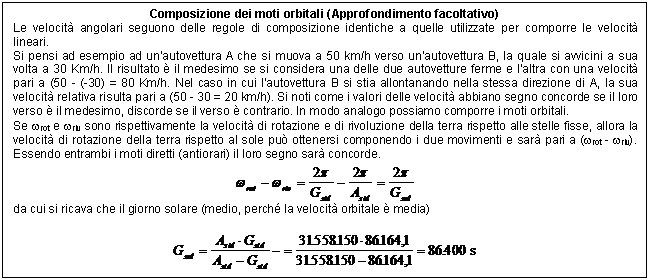 Text Box: Composizione dei moti orbitali (Approfondimento facoltativo)
Le velocit angolari seguono delle regole di composizione identiche a quelle utilizzate per comporre le velocit lineari. 
Si pensi ad esempio ad un'autovettura A che si muova a 50 km/h verso un'autovettura B, la quale si avvicini a sua volta a 30 Km/h. Il risultato  il medesimo se si considera una delle due autovetture ferme e l'altra con una velocit pari a (50 - (-30) = 80 Km/h. Nel caso in cui l'autovettura B si stia allontanando nella stessa direzione di A, la sua velocit relativa risulta pari a (50 - 30 = 20 km/h). Si noti come i valori delle velocit abbiano segno concorde se il loro verso  il medesimo, discorde se il verso  contrario. In modo analogo possiamo comporre i moti orbitali.
Se wrot e wriv sono rispettivamente la velocit di rotazione e di rivoluzione della terra rispetto alle stelle fisse, allora la velocit di rotazione della terra rispetto al sole pu ottenersi componendo i due movimenti e sar pari a (wrot - wriv). Essendo entrambi i moti diretti (antiorari) il loro segno sar concorde.
 
da cui si ricava che il giorno solare (medio, perch la velocit orbitale  media)

 

