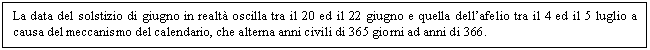 Text Box: La data del solstizio di giugno in realt oscilla tra il 20 ed il 22 giugno e quella dell'afelio tra il 4 ed il 5 luglio a causa del meccanismo del calendario, che alterna anni civili di 365 giorni ad anni di 366. 

