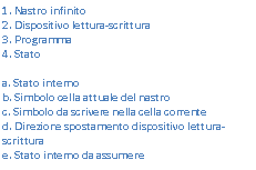 Text Box: 1. Nastro infinito
2. Dispositivo lettura-scrittura
3. Programma
4. Stato

a. Stato interno
b. Simbolo cella attuale del nastro
c. Simbolo da scrivere nella cella corrente
d. Direzione spostamento dispositivo lettura-    scrittura
e. Stato interno da assumere 


