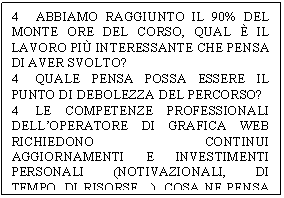 Text Box: 4	ABBIAMO RAGGIUNTO IL 90% DEL MONTE ORE DEL CORSO, QUAL  IL LAVORO PI INTERESSANTE CHE PENSA DI AVER SVOLTO?
4	QUALE PENSA POSSA ESSERE IL PUNTO DI DEBOLEZZA DEL PERCORSO?
4	LE COMPETENZE PROFESSIONALI DELL'OPERATORE DI GRAFICA WEB RICHIEDONO CONTINUI AGGIORNAMENTI E INVESTIMENTI PERSONALI (NOTIVAZIONALI, DI TEMPO, DI RISORSE.), COSA NE PENSA DI UN PROSEGUIMENTO DELLA FORMAZIONE?

