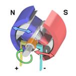 Un semplice motore DC. Quando la corrente scorre negli avvolgimenti, si genera un campo magnetico intorno al rotore. La parte sinistra del rotore  respinta dal magnete di sinistra ed attirata da quello di destra. Analogamente fa la parte in basso a destra. La coppia genera la rotazione.