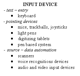 Text Box: INPUT DEVICE
- text - entry 
.	keyboard
- pointing devices
.	mice, trackballs, joysticks
.	light pens
.	digitizing tablets
.	pen based system
-	source - data automation
.	scanners
.	voice recognitions devices 
.	audio and video input devices

