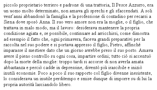 Text Box: piccolo proprietario terriero e padrone di una trattoria, Il Pesce Azzurro, era un uomo molto determinato, non amava gli sprechi e gli sfaccendati. A soli vent'anni abbandon la famiglia e la professione di contadino per recarsi a Siena dove spos Anna. Il suo vero amore non era la moglie, o il figlio, che trattava in malo modo, ma il lavoro: desiderava mantenere la propria condizione agiata e, se possibile, continuare ad arricchirsi, come dimostra ad esempio il fatto che, ogni primavera, faceva grandi preparativi per la raccolta nel suo podere e si portava appresso il figlio, Pietro, affinch imparasse il mestiere dato che un giorno avrebbe preso il suo posto. Amava avere il pieno controllo su ogni cosa, impartire ordini; tutto ci si accentu dopo la morte della moglie: troppo tardi si accorse di non averla amata abbastanza e perci cadde in depressine, divent pi irascibile e inizi inutili economie. Poco a poco il suo rapporto col figlio divenne inesistente, lo considerava un inutile perditempo e smise dunque di imporre su di lui la propria autorit lasciandolo libero. 

