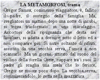 Text Box: LA METAMORFOSI, trama
Gregor Samsa, commesso viaggiatore, , fallito il padre, il sostegno della famiglia. Ma, svegliatosi un mattino dopo una notte di incubi, si trova trasformato in uno scarafaggio. Accortosi della ripugnanza che desta nei familiari, si adatta a dormire sotto il letto ed a non comparire pi. Si nutre soltanto di rifiuti, assistito da una vecchia serva, l'unica a non scansarlo. Ma un giorno, attirato dal suono del violino della sorella Grete, riappare tra i suoi. Il padre gli scaglia una mela che lo ferisce, Gregor ne muore poco dopo. La vecchia serva, commiserandolo, lo getta nella spazzatura.
