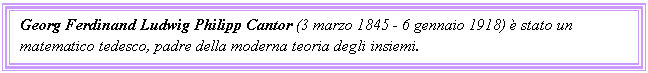 Text Box: Georg Ferdinand Ludwig Philipp Cantor (3 marzo 1845 - 6 gennaio 1918)  stato un matematico tedesco, padre della moderna teoria degli insiemi.