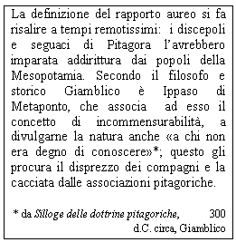 Text Box: La definizione del rapporto aureo si fa risalire a tempi remotissimi:  i discepoli e seguaci di Pitagora l'avrebbero imparata addirittura dai popoli della Mesopotamia. Secondo il filosofo e storico Giamblico  Ippaso di Metaponto, che associa  ad esso il concetto di incommensurabilit, a divulgarne la natura anche a chi non era degno di conoscere*; questo gli procura il disprezzo dei compagni e la cacciata dalle associazioni pitagoriche.
* da Silloge delle dottrine pitagoriche,           300 d.C. circa, Giamblico
