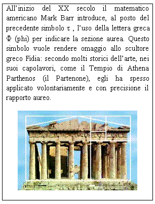 Text Box: All'inizio del XX secolo il matematico americano Mark Barr introduce, al posto del precedente simbolo τ , l'uso della lettera greca Φ (phi) per indicare la sezione aurea. Questo simbolo vuole rendere omaggio allo scultore greco Fidia: secondo molti storici dell'arte, nei suoi capolavori, come il Tempio di Athena Parthenos (il Partenone), egli ha spesso applicato volontariamente e con precisione il rapporto aureo.
 
