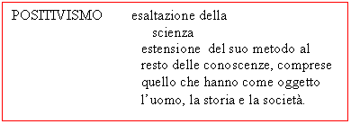 Text Box: POSITIVISMO esaltazione della 
 scienza
estensione del suo metodo al resto delle conoscenze, comprese quello che hanno come oggetto l'uomo, la storia e la societ.
