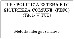 Text Box: U.E.: POLITICA ESTERA E DI SICUREZZA COMUNE  (PESC)
(Titolo V TUE)


Metodo intergovernativo
