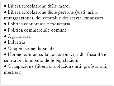 Text Box: . Libera circolazione delle merci
. Libera circolazione delle persone (visti, asilo, immigrazione), dei capitali e dei servizi finanziari
. Politica economica e monetaria
. Politica commerciale comune
. Agricoltura 
. Industria 
. Cooperazione doganale
. Norme comuni sulla concorrenza, sulla fiscalit e sul riavvicinamento delle legislazioni
. Occupazione (libera circolazione arti, professioni, mestieri)

