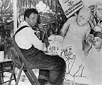 Diego Rivera sentado en frente del mural representando Amrica 
