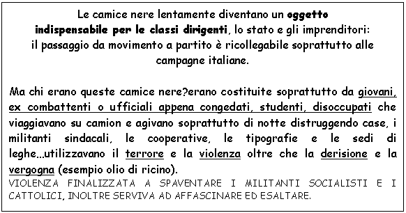 Text Box: Le camice nere lentamente diventano un oggetto
indispensabile per le classi dirigenti, lo stato e gli imprenditori:
il passaggio da movimento a partito  ricollegabile soprattutto alle campagne italiane.

Ma chi erano queste camice nere?erano costituite soprattutto da giovani, ex combattenti o ufficiali appena congedati, studenti, disoccupati che viaggiavano su camion e agivano soprattutto di notte distruggendo case, i militanti sindacali, le cooperative, le tipografie e le sedi di leghe.utilizzavano il terrore e la violenza oltre che la derisione e la vergogna (esempio olio di ricino).
VIOLENZA FINALIZZATA A SPAVENTARE I MILITANTI SOCIALISTI E I CATTOLICI, INOLTRE SERVIVA AD AFFASCINARE ED ESALTARE.
