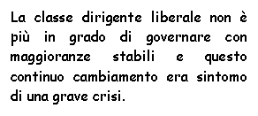 Text Box: La classe dirigente liberale non  pi in grado di governare con maggioranze stabili e questo continuo cambiamento era sintomo di una grave crisi.




