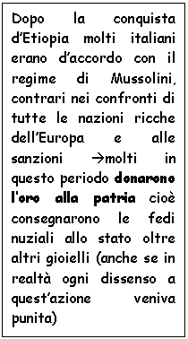 Text Box: Dopo la conquista d'Etiopia molti italiani erano d'accordo con il regime di Mussolini, contrari nei confronti di tutte le nazioni ricche dell'Europa e alle sanzioni molti in questo periodo donarono l'oro alla patria cio consegnarono le fedi nuziali allo stato oltre altri gioielli (anche se in realt ogni dissenso a quest'azione veniva punita)

