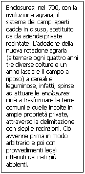 Text Box: Enclosures: nel '700, con la rivoluzione agraria, il sistema dei campi aperti cadde in disuso, sostituito da da aziende private recintate. L'adozione della nuova rotazione agraria (alternare ogni quattro anni tre diverse colture e un anno lasciare il campo a riposo) a cereali e leguminose, infatti, spinse ad attuare le enclosures cio a trasformare le terre comuni e quelle incolte in ampie propriet private, attraverso la delimitazione con siepi e recinzioni. Ci avvenne prima in modo arbitrario e poi con provvedimenti legali ottenuti dai ceti pi abbienti.